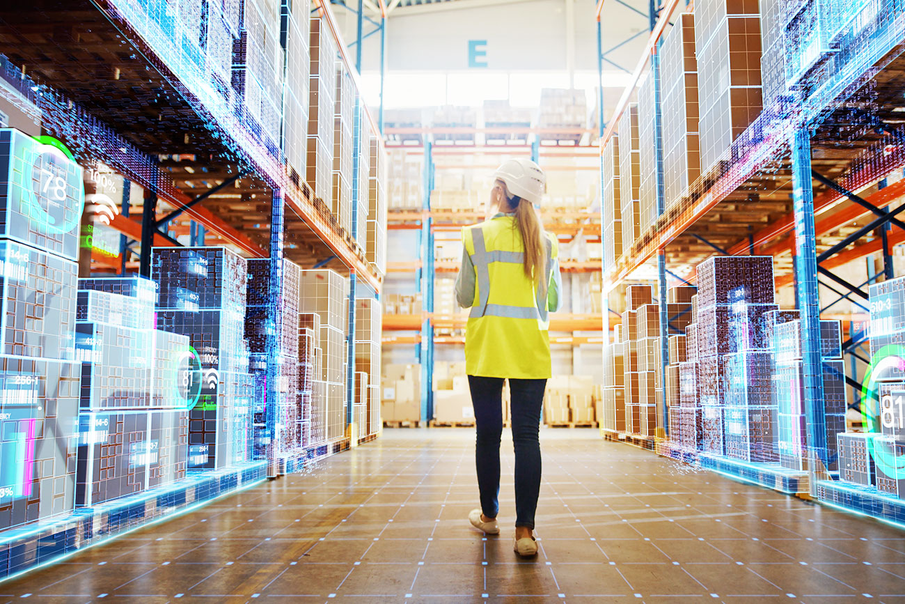 Woman walking in warehouse