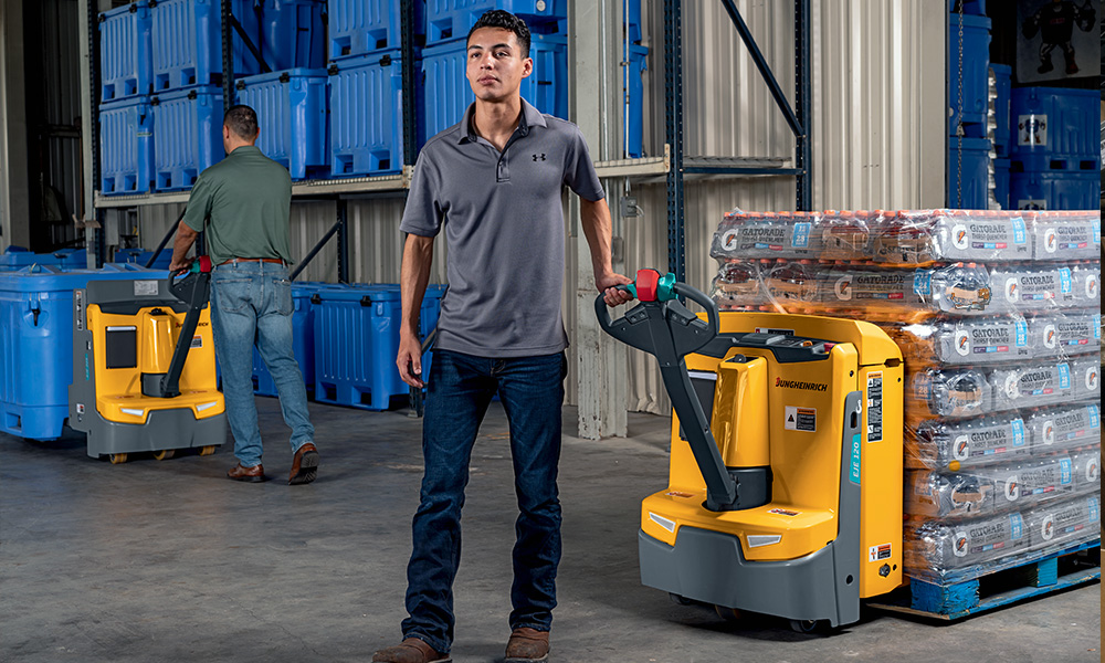 Man with walkie pallet jack