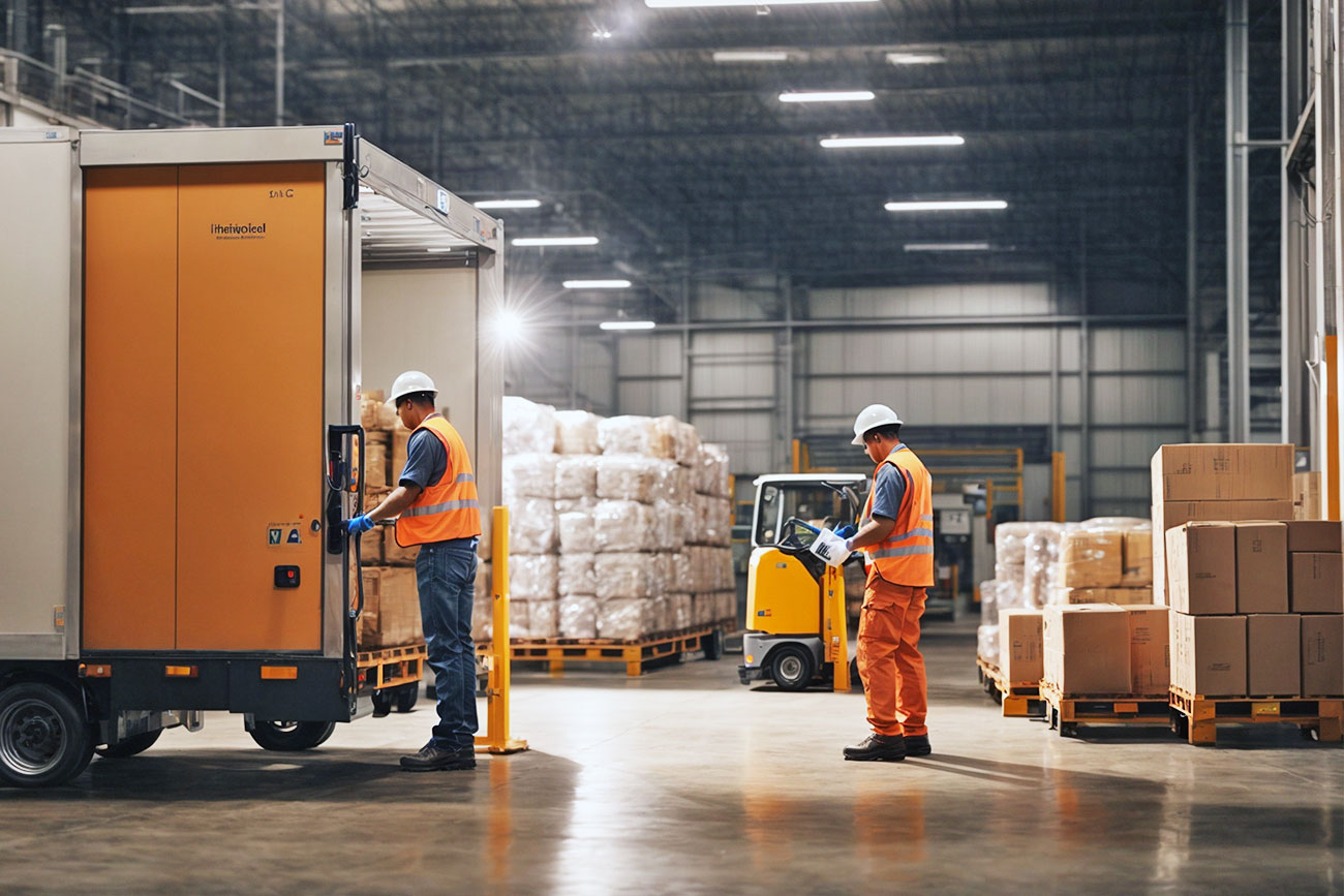 People working on a warehouse unloading Dock